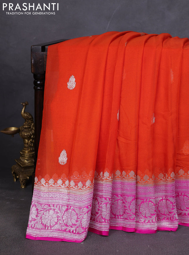 Banarasi chiffon saree orange and pink with silver zari woven buttas and floral silver zari woven border