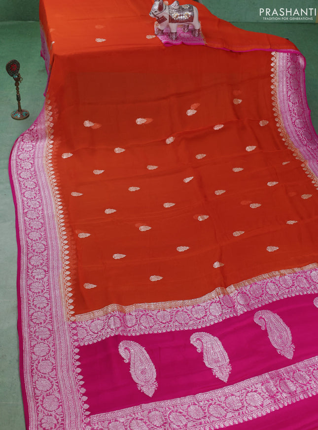 Banarasi chiffon saree orange and pink with silver zari woven buttas and floral silver zari woven border