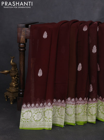 Banarasi chiffon saree deep maroon and light green with silver zari woven buttas and floral silver zari woven border