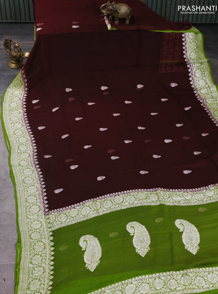 Banarasi chiffon saree deep maroon and light green with silver zari woven buttas and floral silver zari woven border