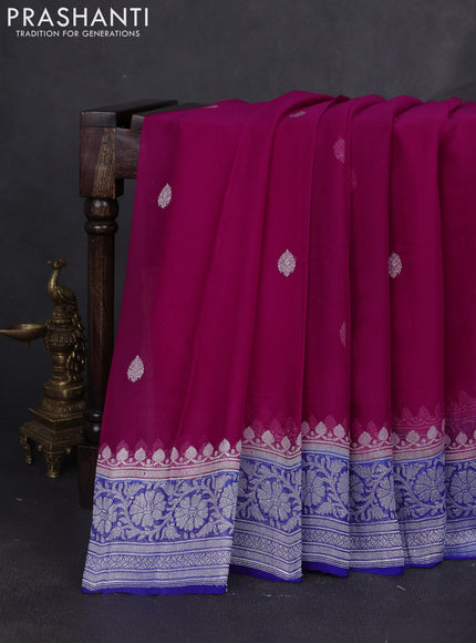 Banarasi chiffon saree pink and blue with silver zari woven buttas and floral silver zari woven border