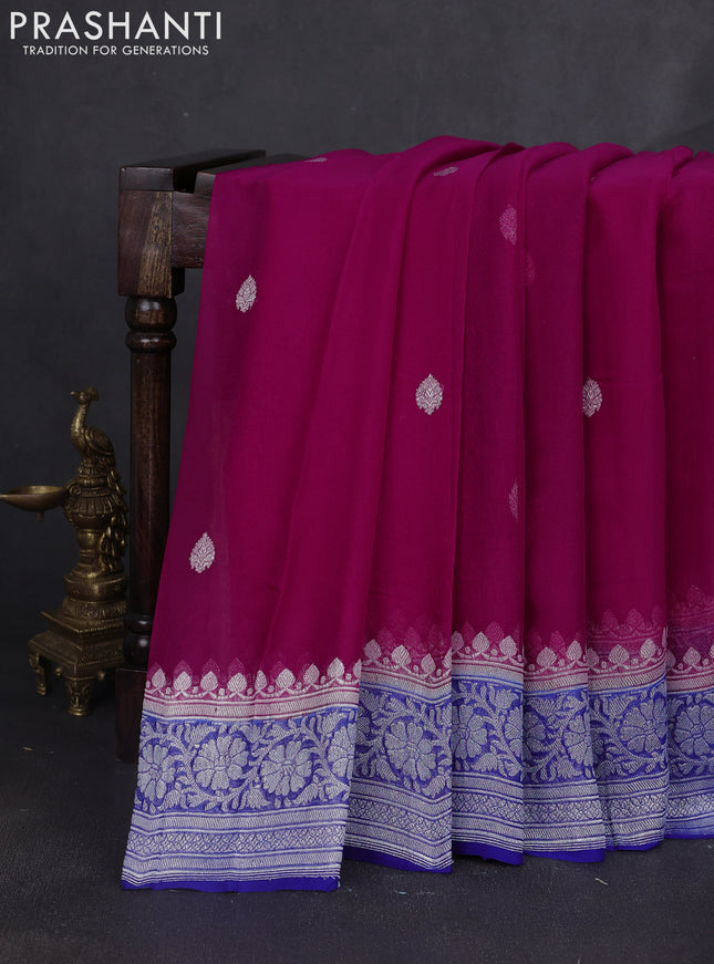 Banarasi chiffon saree pink and blue with silver zari woven buttas and floral silver zari woven border