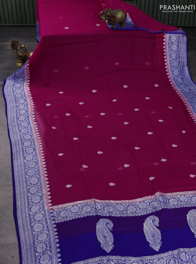 Banarasi chiffon saree pink and blue with silver zari woven buttas and floral silver zari woven border