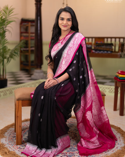 Banarasi chiffon saree black and pink with silver zari woven buttas and floral silver zari woven border