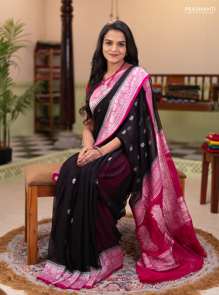 Banarasi chiffon saree black and pink with silver zari woven buttas and floral silver zari woven border