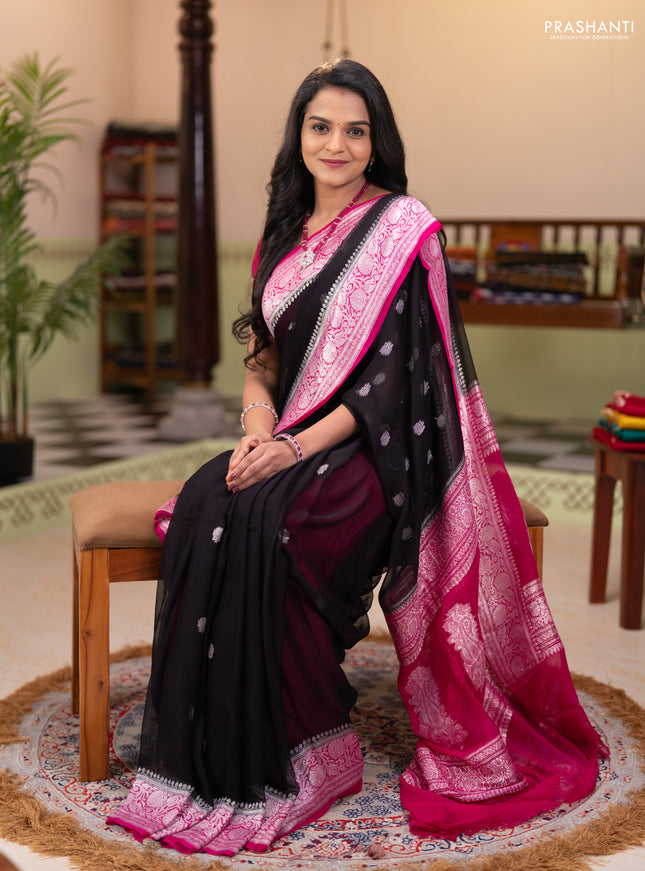 Banarasi chiffon saree black and pink with silver zari woven buttas and floral silver zari woven border
