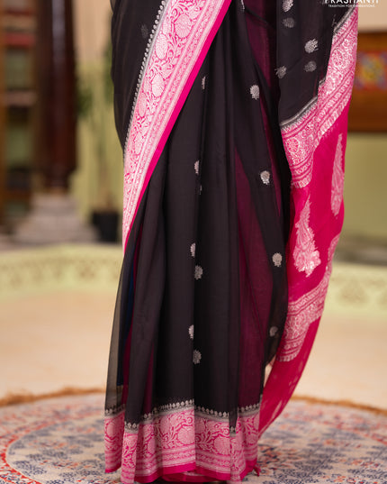 Banarasi chiffon saree black and pink with silver zari woven buttas and floral silver zari woven border