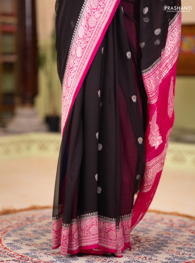 Banarasi chiffon saree black and pink with silver zari woven buttas and floral silver zari woven border