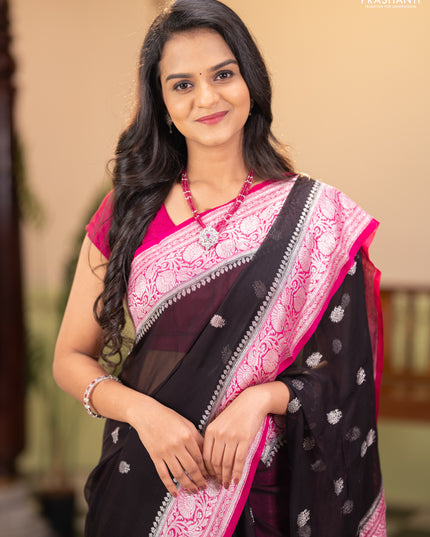 Banarasi chiffon saree black and pink with silver zari woven buttas and floral silver zari woven border