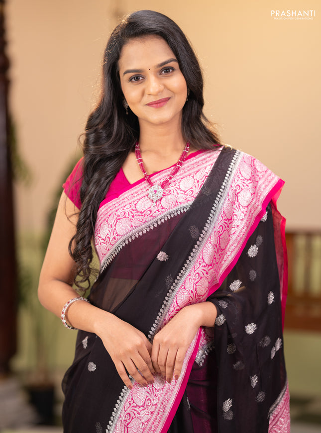 Banarasi chiffon saree black and pink with silver zari woven buttas and floral silver zari woven border