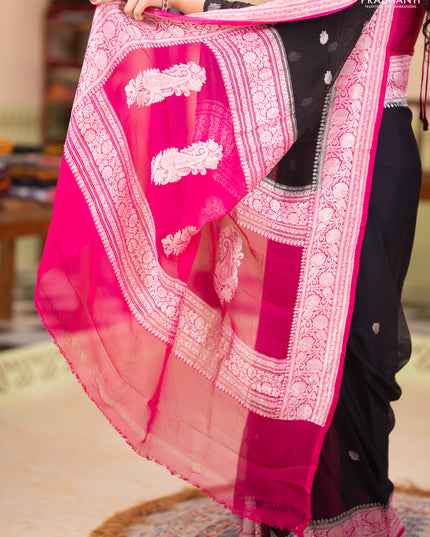 Banarasi chiffon saree black and pink with silver zari woven buttas and floral silver zari woven border