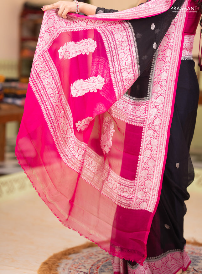 Banarasi chiffon saree black and pink with silver zari woven buttas and floral silver zari woven border