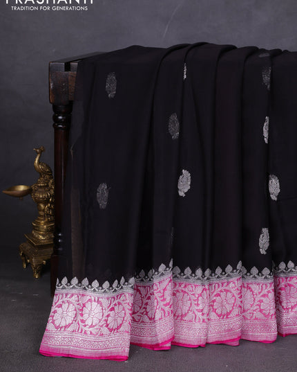 Banarasi chiffon saree black and pink with silver zari woven buttas and floral silver zari woven border