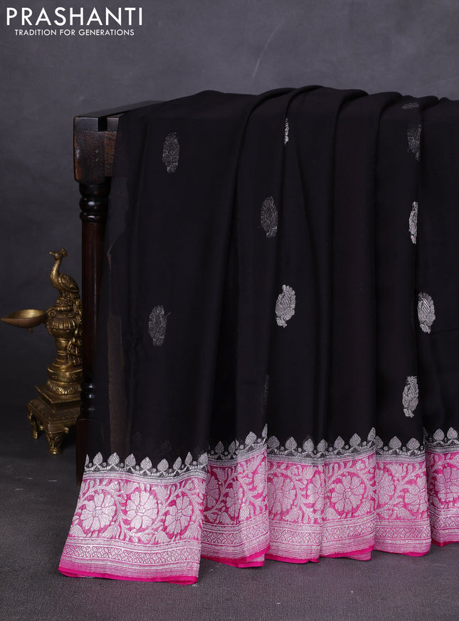 Banarasi chiffon saree black and pink with silver zari woven buttas and floral silver zari woven border