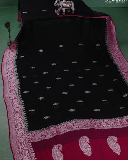 Banarasi chiffon saree black and pink with silver zari woven buttas and floral silver zari woven border