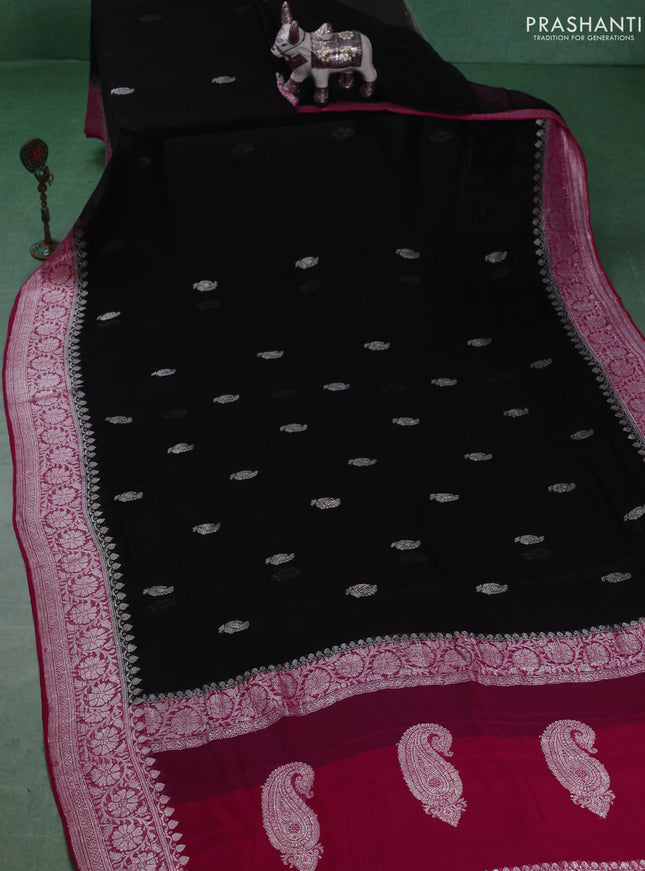 Banarasi chiffon saree black and pink with silver zari woven buttas and floral silver zari woven border