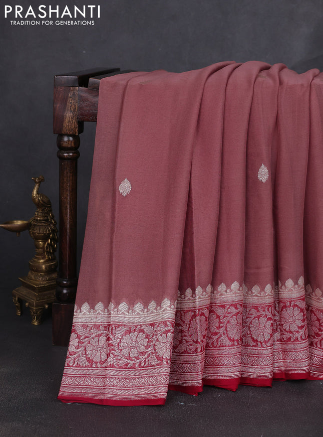 Banarasi chiffon saree pastel brown and maroon with silver zari woven buttas and floral silver zari woven border