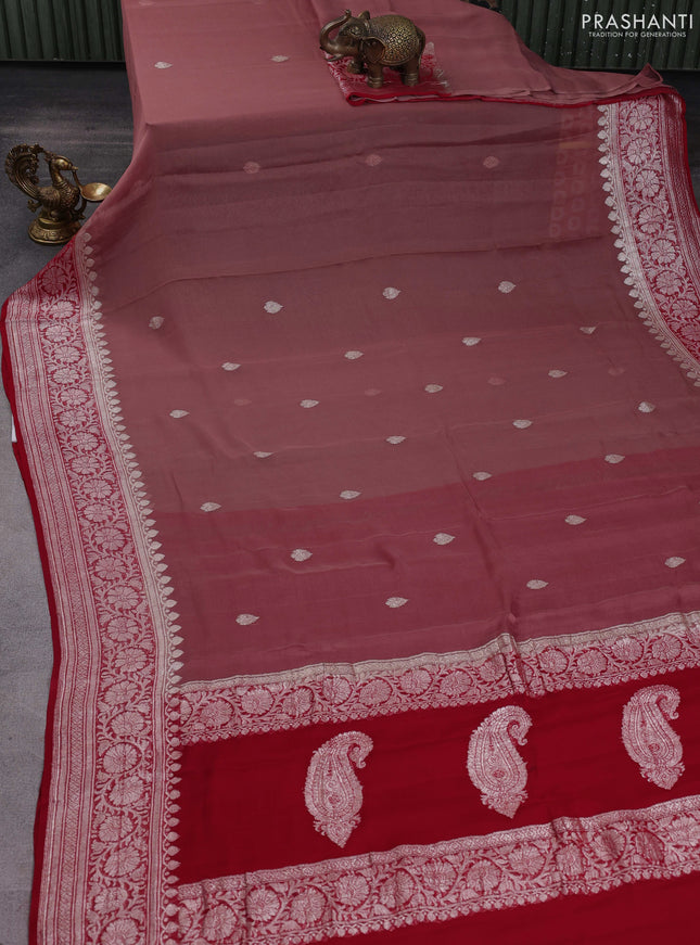 Banarasi chiffon saree pastel brown and maroon with silver zari woven buttas and floral silver zari woven border