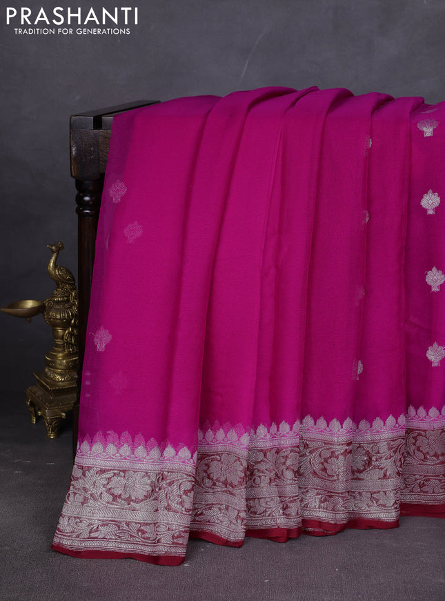 Banarasi chiffon saree candy pink and maroon with silver zari woven buttas and floral silver zari woven border