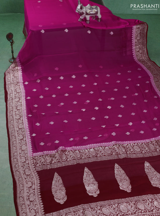 Banarasi chiffon saree candy pink and maroon with silver zari woven buttas and floral silver zari woven border