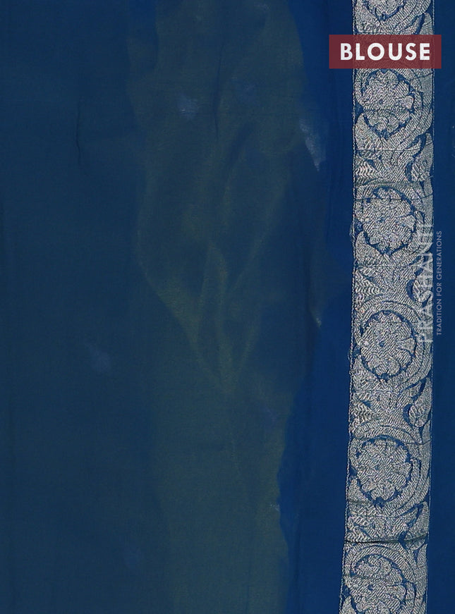 Banarasi chiffon saree lime yellow and cs blue with silver zari woven buttas and floral silver zari woven border