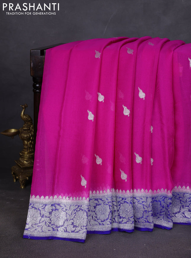 Banarasi chiffon saree candy pink and blue with silver zari woven buttas and floral silver zari woven border