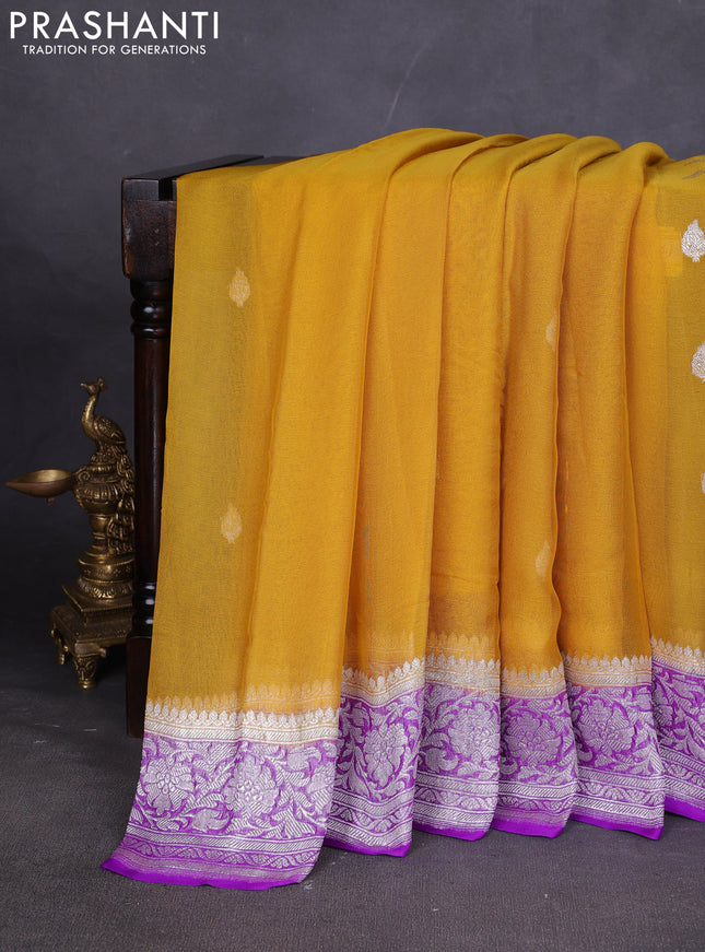 Banarasi chiffon saree mustard yellow and purple with silver zari woven buttas and floral silver zari woven border