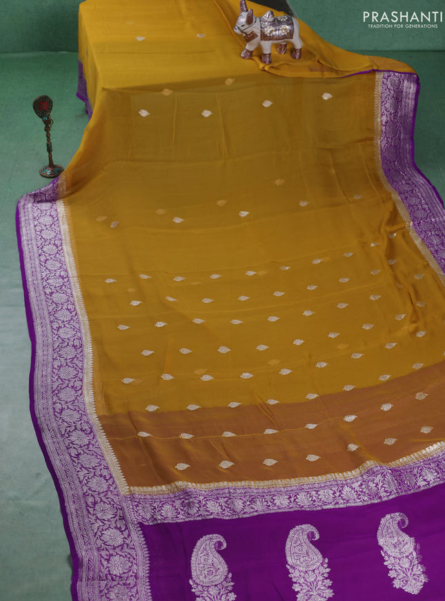 Banarasi chiffon saree mustard yellow and purple with silver zari woven buttas and floral silver zari woven border
