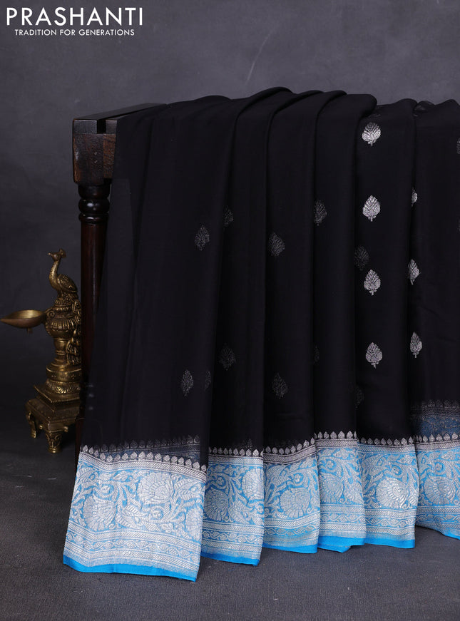 Banarasi chiffon saree black and cs blue with silver zari woven buttas and floral silver zari woven border