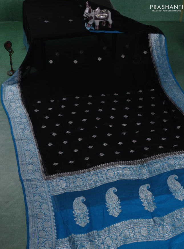 Banarasi chiffon saree black and cs blue with silver zari woven buttas and floral silver zari woven border