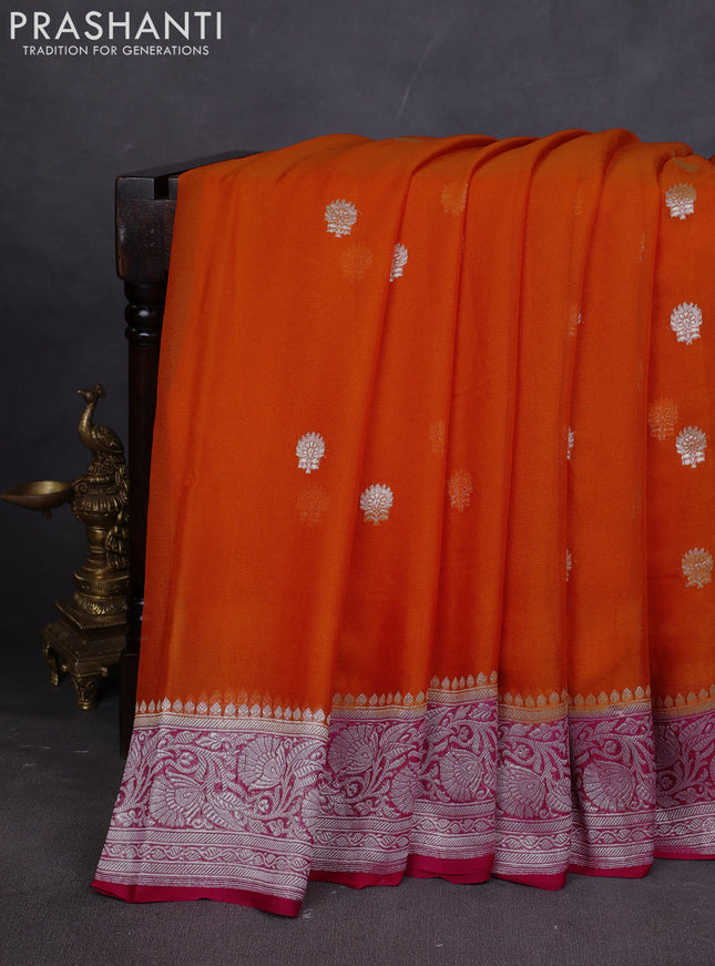 Banarasi chiffon saree orange and dark pink with silver zari woven buttas and floral silver zari woven border