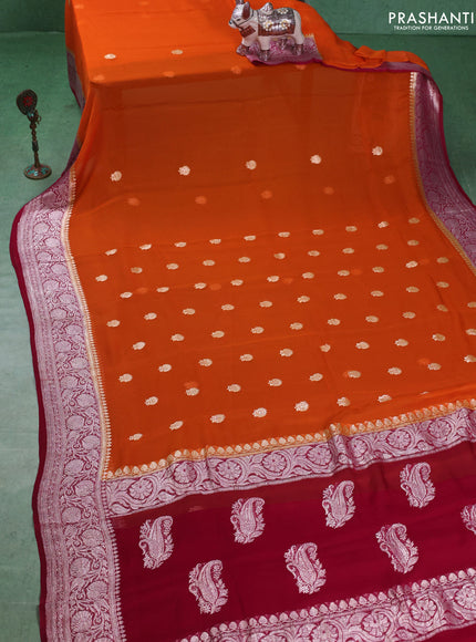 Banarasi chiffon saree orange and dark pink with silver zari woven buttas and floral silver zari woven border