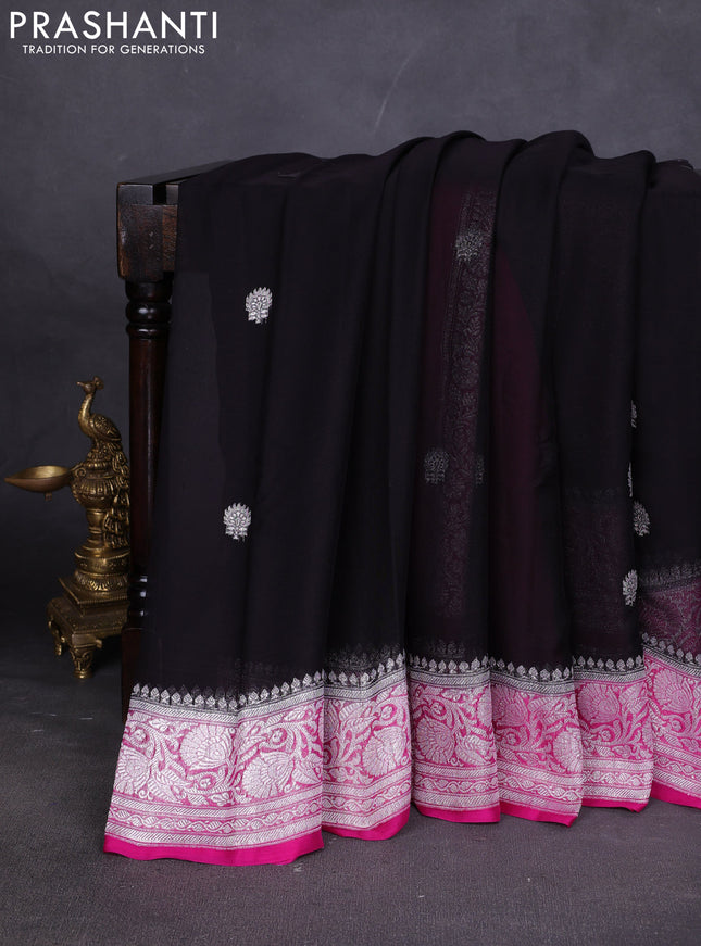Banarasi chiffon saree black and pink with silver zari woven buttas and floral silver zari woven border