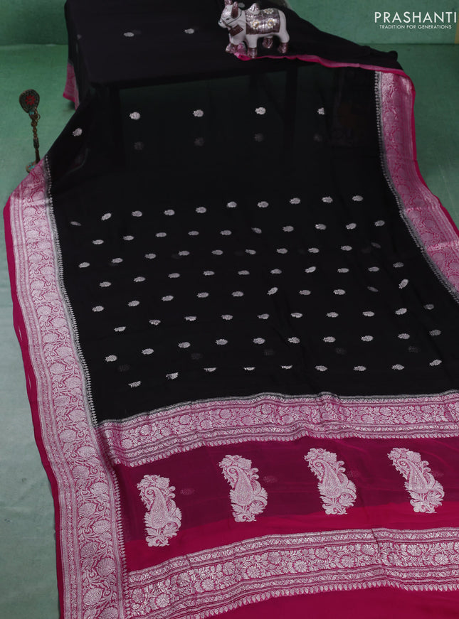 Banarasi chiffon saree black and pink with silver zari woven buttas and floral silver zari woven border