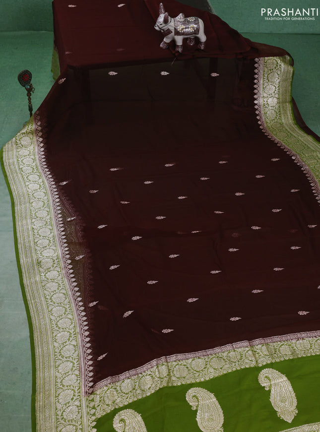 Banarasi chiffon saree deep maroon and mehendi green with silver zari woven buttas and floral silver zari woven border