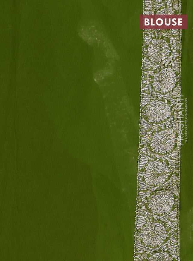 Banarasi chiffon saree deep maroon and mehendi green with silver zari woven buttas and floral silver zari woven border