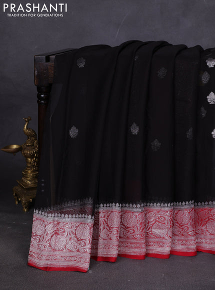 Banarasi chiffon saree black and maroon with silver zari woven buttas and floral silver zari woven border