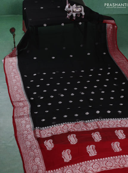 Banarasi chiffon saree black and maroon with silver zari woven buttas and floral silver zari woven border