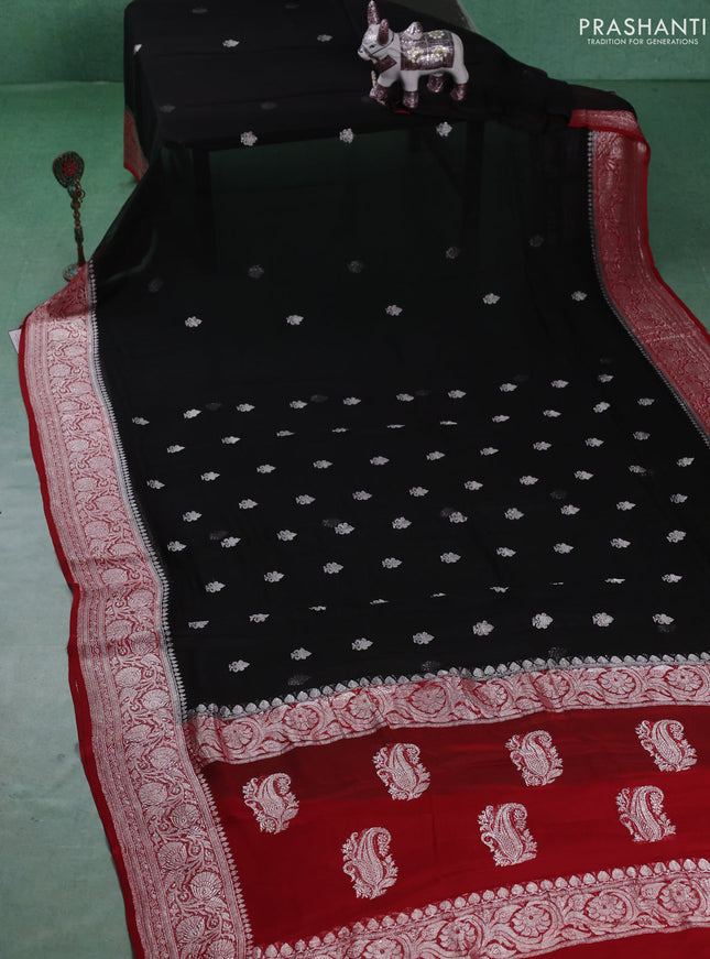 Banarasi chiffon saree black and maroon with silver zari woven buttas and floral silver zari woven border