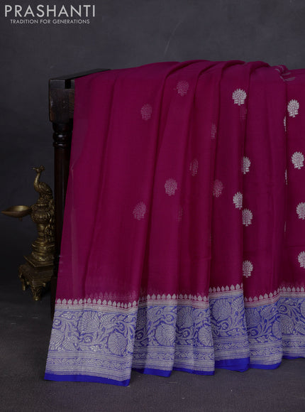 Banarasi chiffon saree magenta pink and blue with silver zari woven buttas and floral silver zari woven border