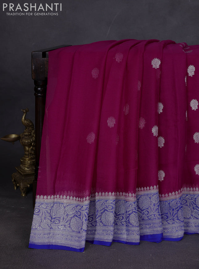Banarasi chiffon saree magenta pink and blue with silver zari woven buttas and floral silver zari woven border