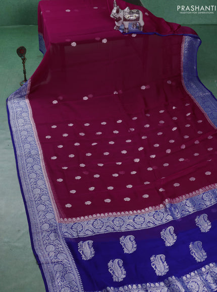 Banarasi chiffon saree magenta pink and blue with silver zari woven buttas and floral silver zari woven border