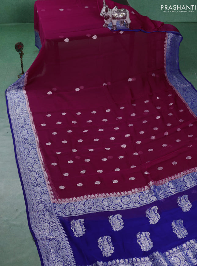 Banarasi chiffon saree magenta pink and blue with silver zari woven buttas and floral silver zari woven border