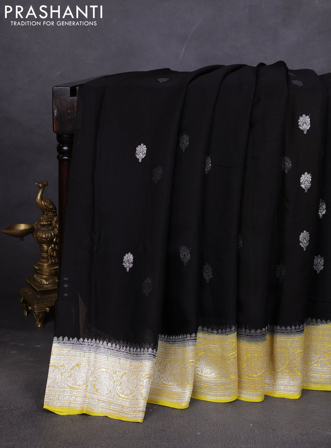 Banarasi chiffon saree black and yellow with silver zari woven buttas and floral silver zari woven border