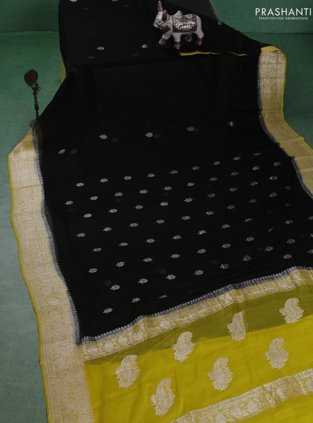Banarasi chiffon saree black and yellow with silver zari woven buttas and floral silver zari woven border