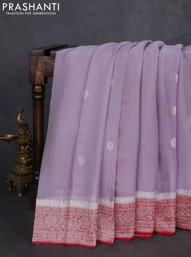 Banarasi chiffon saree pastel grey and maroon with silver zari woven buttas and floral silver zari woven border