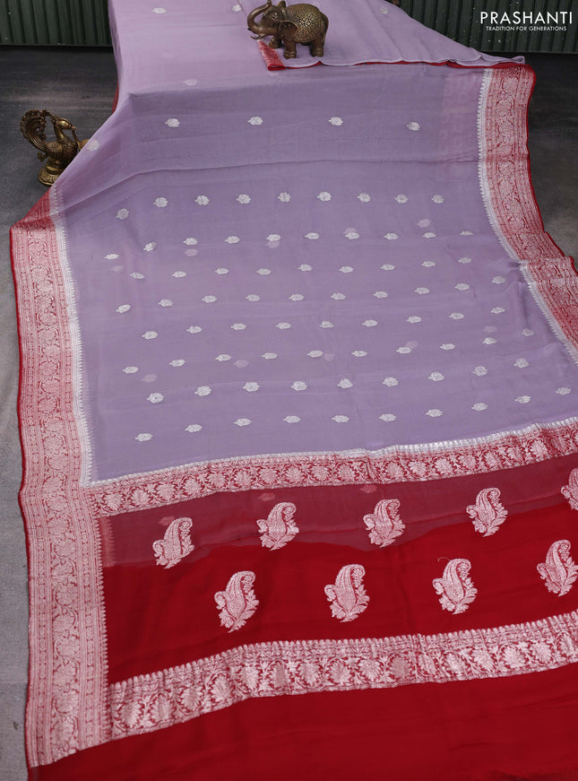 Banarasi chiffon saree pastel grey and maroon with silver zari woven buttas and floral silver zari woven border