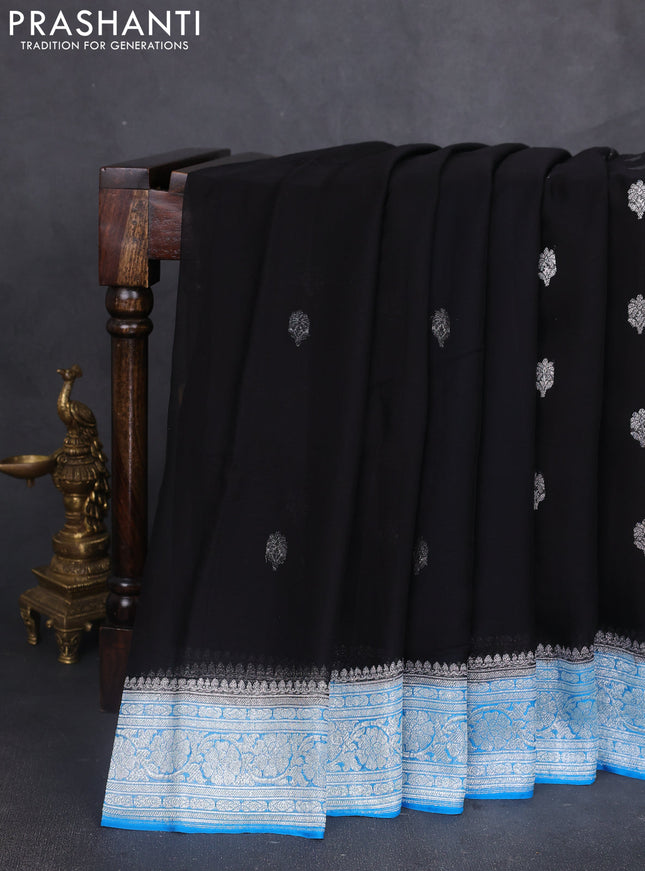 Banarasi chiffon saree black and cs blue with silver zari woven buttas and floral silver zari woven border