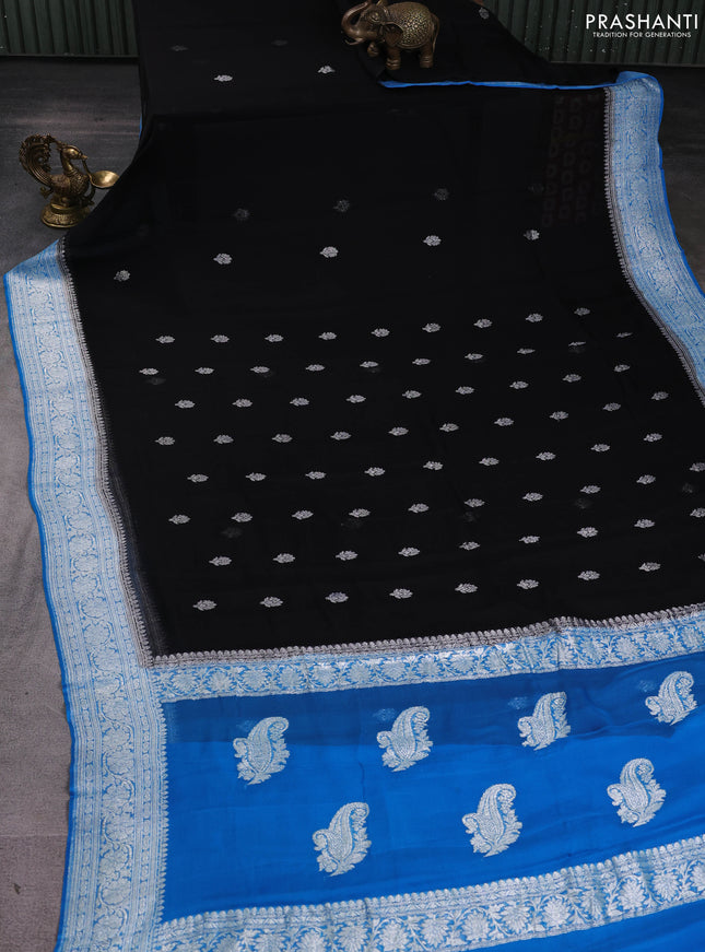 Banarasi chiffon saree black and cs blue with silver zari woven buttas and floral silver zari woven border