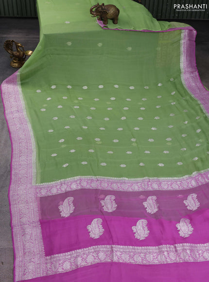 Banarasi chiffon saree pista green and lotus pink with silver zari woven buttas and floral silver zari woven border